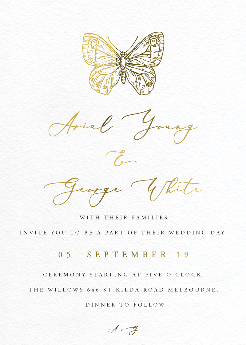 Golden Butterfly Metallic Wedding Invitations